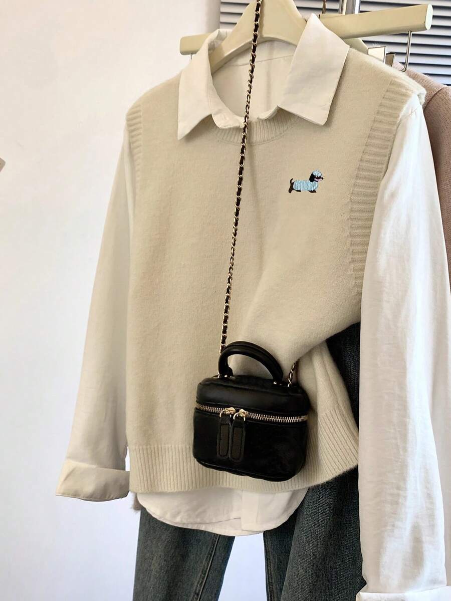 Women's Cartoon Pattern Crew Neck Pullover Vest, Autumn/Winter - Apricot - View 1