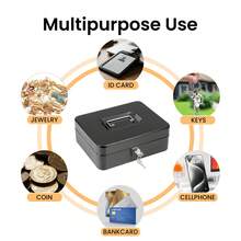 Metal Money Box 10 Inches – Secure Cash Box With Coin Tray, Lock & 2 Keys - Black - View 7