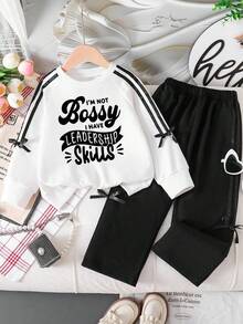 Tween Girls' Letter Print Crew Neck Sweatshirt And Pants Casual Outfit