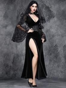 女士哥特式性感优雅奢华万圣节鬼新娘派对角色扮演女巫蕾丝边高开衩 V 领天鹅绒连衣裙 - 黑色 - 查看 2