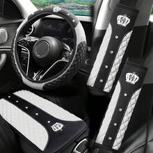 4 Stücke Krone Künstlicher Diamant Glitzer Mode PU Leder Rutschfeste Ohne Innenring Lenkradabdeckung Set Passend für 37-38CM Lenkrad Auto Zubehör