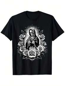 Santa Muerte Mexican Floral Saint Death T-Shirt Cotton Short Sleeves  Men Size S-3XL - 黑色 - 查看 1