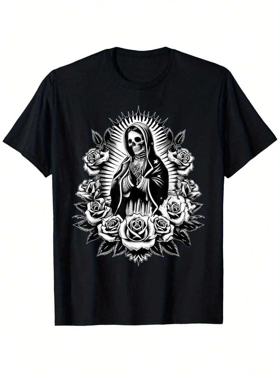 Santa Muerte Mexican Floral Saint Death T-Shirt Cotton Short Sleeves Men Size S-3XL - 黑色 - 查看 1