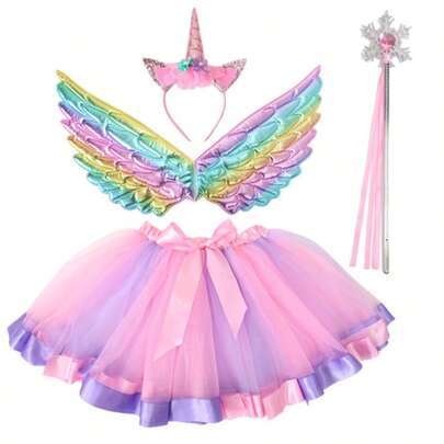 1pc/2pcs/1set New Christmas Party Performance Costume Cosplay Set, Includes Unicorn Headband, Angel Wings, Colorful Tutu Skirt, Magic Wand, Suitable For Halloween, Christmas Carnival Masquerade Ball