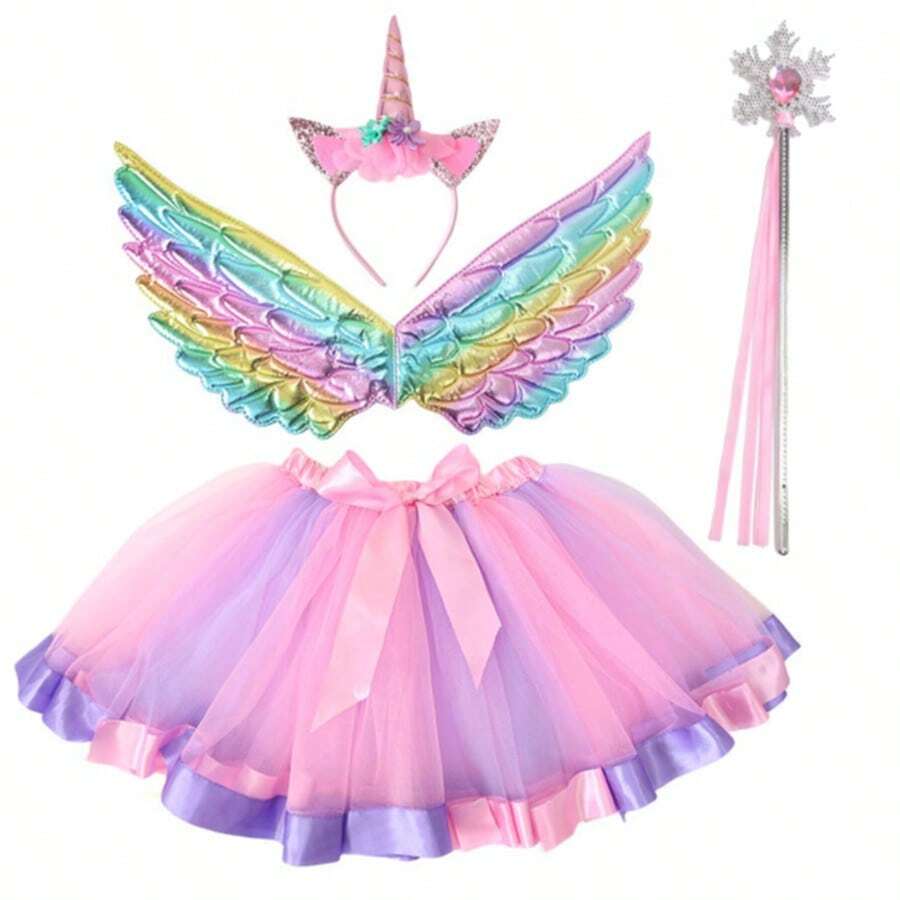 1pc/2pcs/1set New Christmas Party Performance Costume Cosplay Set, Includes Unicorn Headband, Angel Wings, Colorful Tutu Skirt, Magic Wand, Suitable For Halloween, Christmas Carnival Masquerade Ball