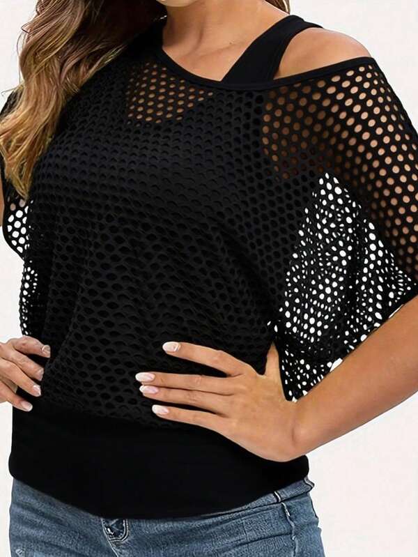 Women's Plus Size Neon Green Mesh Layered Tank Top Two Pieces Set For Autumn - Elegant Cold-Shoulder Design, Semi-Sheer Hollow-Out Details, Machine Washable, Suitable For All Seasons, Casual Top | Elegant Off-Shoulder Top | Easy-Care Garment
