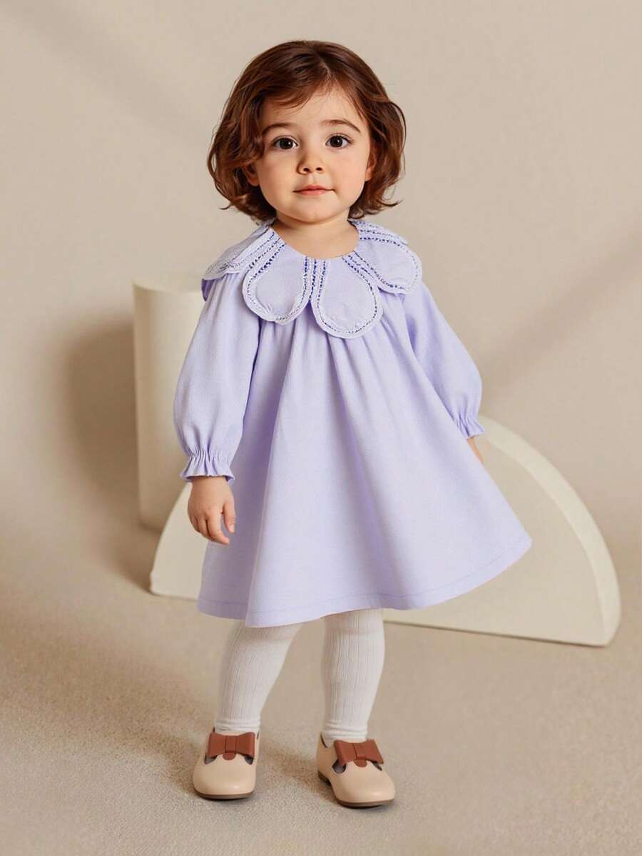 SHEIN Vestido holgado de manga larga con diseño de cuello floral elegante para bebé niña, 100% algodón suave apto para piel delicada de bebé, para uso en todas las estaciones, otoño/invierno - Morado - Ver 1