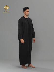 2025 Latest Bestselling Men's Black Prayer Robe, Premium Quality Men's Arabic Thobe, Soft Fabric, Fashionable Long Sleeve Omani Style - Black - View 5
