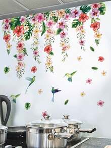 1 件墙贴 - [粉色花朵、绿叶、蝴蝶、蜂鸟] PVC 自粘可移除墙贴，适用于托儿所、儿童房、游戏室或教室 - 适合任何空间的可爱创意墙面装饰