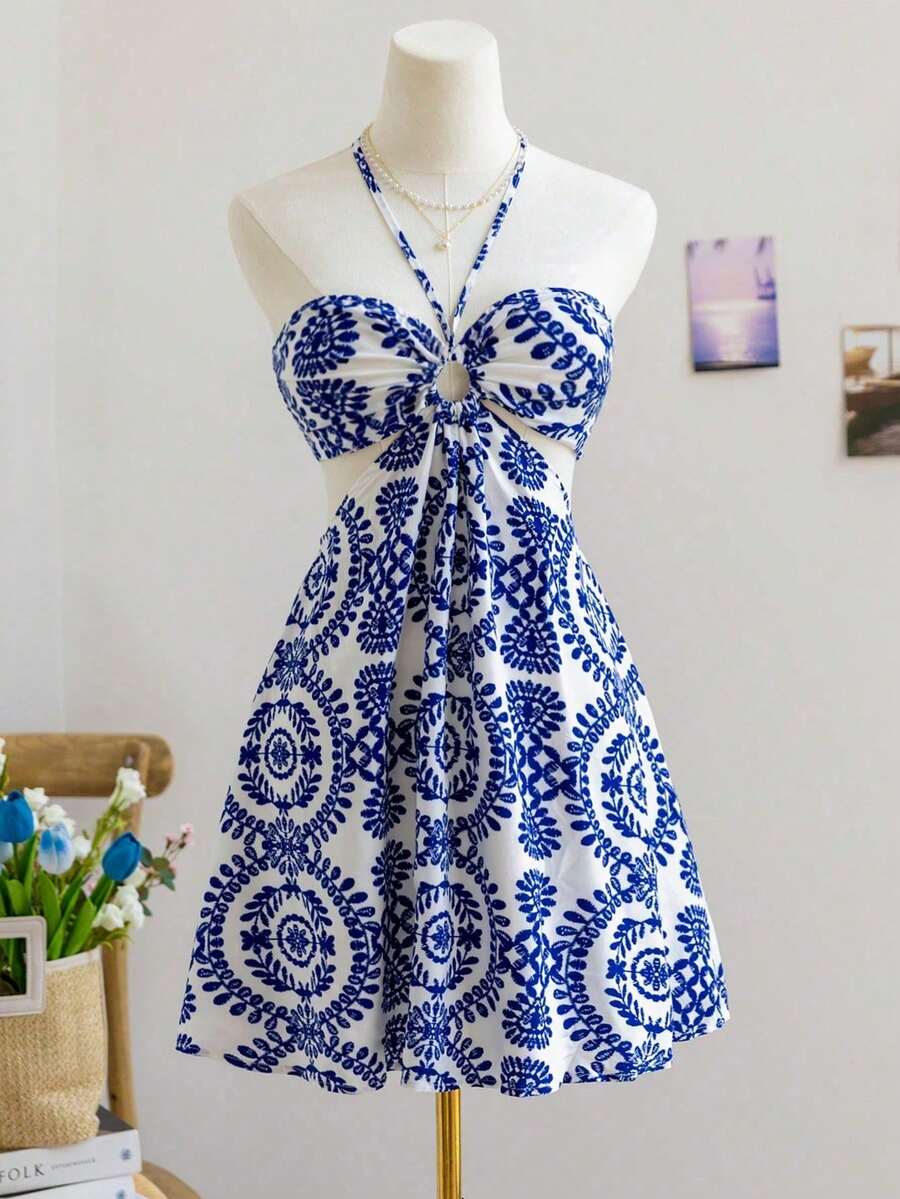 Vacaciones sexy cuello cuello hueco cintura cinched contraste color vestido de las mujeres, vestido de sol - Azul - Ver 1