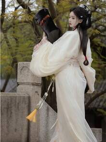 2025 Improved Chinese Traditional Hanfu Dress, 3 Pieces Set, Daily Commute & Travel Photography, Elegant Water Ink Jacquard Skirt - White - View 6