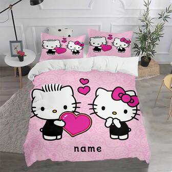 Sanrio 1/3PCS Customized Three Pieces Duvet Cover For Hellokitty Bedding Can Also Be Purchased Separately As A 50 * 75 Pillowcase (Note: The Pillowcases In The Three Pieces Set Do Not Have Names, But The Individual Pillowcases Have Customized Names). Polyester Material Is Suitable For Children