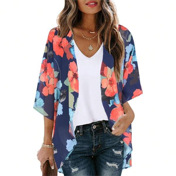 Women's Floral Print Puff Sleeve Kimono Cardigan Loose Cover Up Casual Blouse Tops