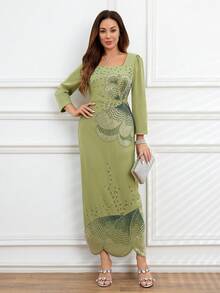 JINLICX Elegant Long Sleeve Square Neck Formal Dress, Suitable For Evening Gala, Party, Wedding - Green - View 5