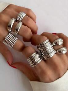 8pcs/Set Minimalist Wide Face Exaggerated Ribbed Asymmetrical Ring Set, Gift For Women, Suitable For Dating, Vacation, Daily Matching - Silver - View 14