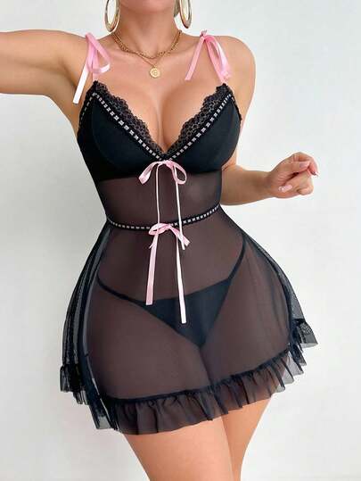 Mature Sexy Triangle Cup Butterfly Ribbon Ruffle Hem Sheer Dress With Thong Panty, Focal Point When Worn