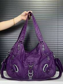 Y2K 辣妹复古复古紫色单肩包 - 复古千禧美学，配备时尚银色五金配件，女士口袋斜挎包，大胆个性的设计，非常适合日常使用、周末聚会、通勤上班，是时尚爱好者的理想节日礼物 - 紫色 - 查看 6