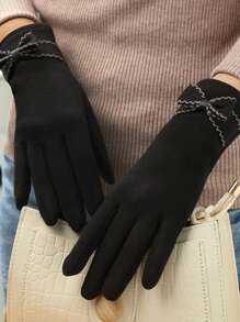 1 Double Women's Elegant Touch Screen Gloves, Warm In Winter, Thermal Lined , Elastic, Solid Color, Bow Design, Breathable Weave, Suitable For Leisure Outing, Cycling, Driving