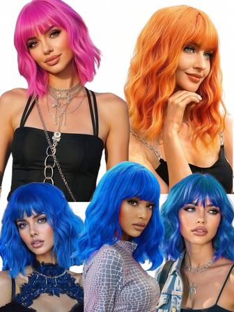 Pelucas de colores para Halloween, pelucas de cabello ondulado con flequillo que se ven naturales para mujeres, pelucas sintéticas de color naranja, amarillo y azul para uso diario, escuela, fiestas, disfraces, Navidad y decoraciones