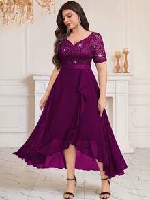 Plus V-Neck Sequin Floral Lace Contrast Chiffon Ruffle High Low Hem Formal Party Dress Wedding Guest Dress, Elegant Prom, For Graduation, Dinner - Maroon - View 7