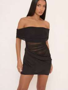 Un hombro vestido de malla de color sólido, ver a través, asimétrica, vestido plisado para la fecha de desgaste de la manera del partido, de moda - Negro - Ver 4