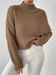 Women's Cute Short Sweater, Casual Lightweight & Comfortable Ribbed Knit Pullover - Camel - View 4