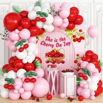 125pcs Cherry Balloon Garland Arch Kit, Red Pink White Green Long Balloons For Girls Birthday She Is Cherry On Top Baby Shower Wedding Bridal Party Decorations