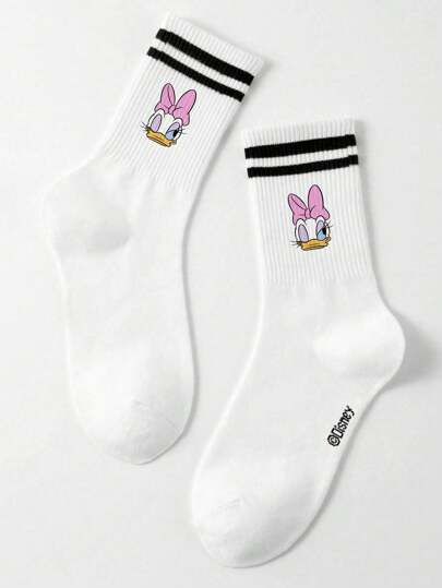  1 คู่ ถุงเท้าผู้หญิงครึ่งแข้งลายการ์ตูนน่ารัก ลายทางขาวดำสไตล์สปอร์ต, ระงับกลิ่น, ดูดซับความชื้น, ใส่ได้ทุกวัน, เหมาะสำหรับนักเรียน/ผู้ใหญ่ เป็นของขวัญหรือใส่ในชีวิตประจำวัน, ถุงเท้า Disney