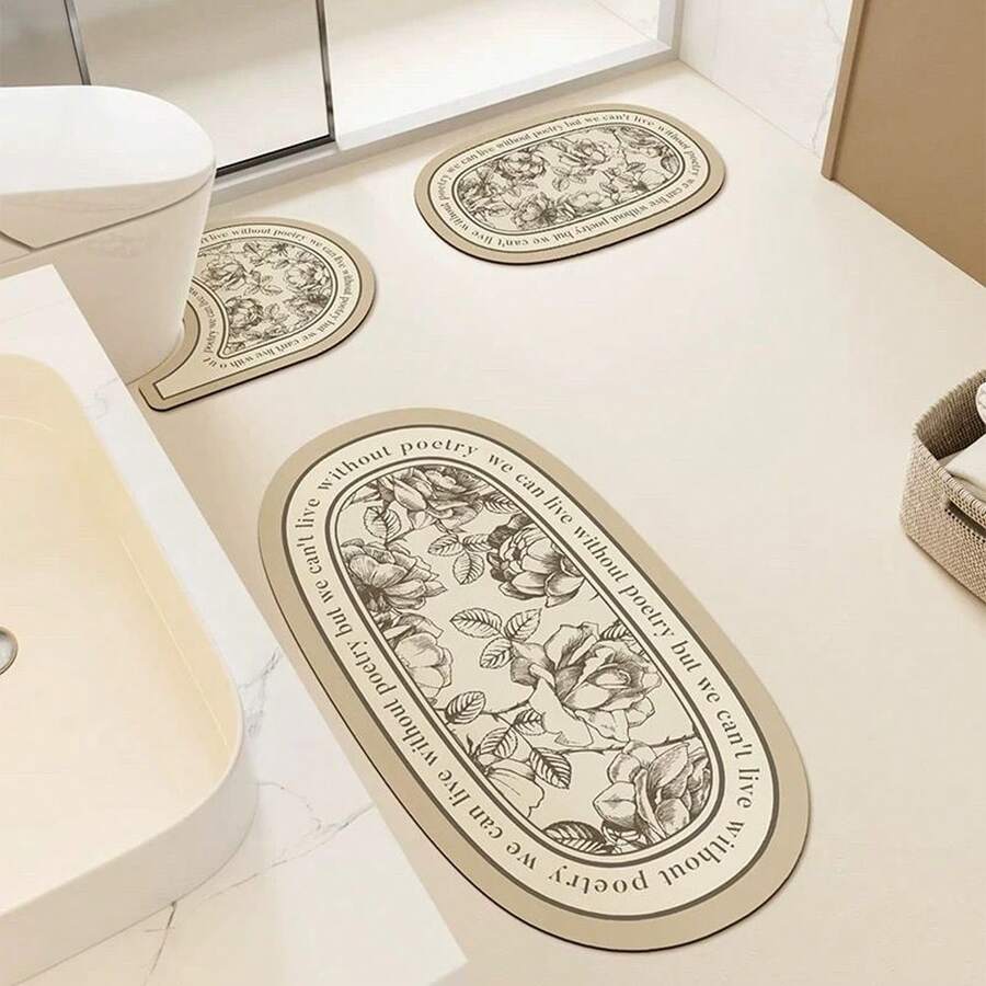 Bộ trang trí nhà cửa họa tiết hoa hồng cổ điển 1/3 chiếc, thảm thấm hút chống trượt cho phòng tắm, thảm tắm họa tiết cổ điển bằng gel silica, thảm chùi chân thấm hút hình chữ U cho bồn cầu và bồn rửa, thảm trang trí nhà bếp phòng tắm dày 2,5mm