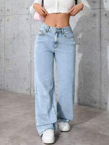 Cute Daisy Print Pocket Design Straight Leg Jeans For Women - Light Wash - View 6