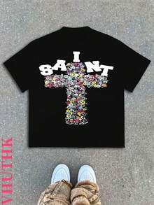 (220 Pure Cotton T-Shirt)    Men's Summer Round Neck Short Sleeved Casual Pure Cotton Print  Y2K Style Hand Drawn - 黑色 - 查看 1