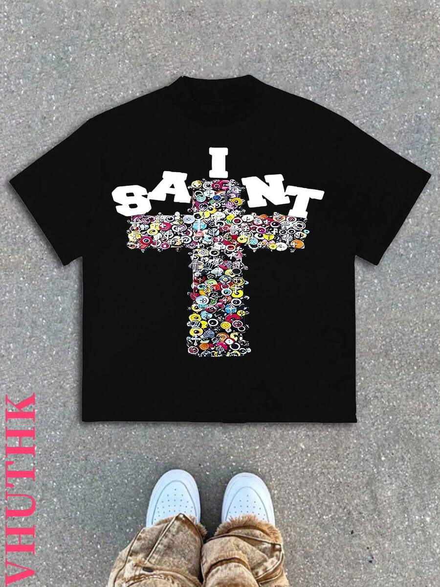 (220 Pure Cotton T-Shirt)    Men's Summer Round Neck Short Sleeved Casual Pure Cotton Print  Y2K Style Hand Drawn - 黑色 - 查看 1