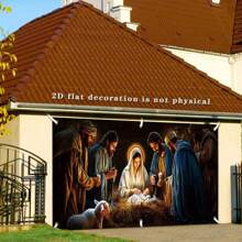2D Flat 1PC 71x157 Inch Christmas Nativity Scene Garage Door Banner -100% Polyester Multi Purpose Religious Festival Decoration, No Electricity Required, Suitable For Home, Courtyard, And Party Decoration, Large Seasonal Festival Display