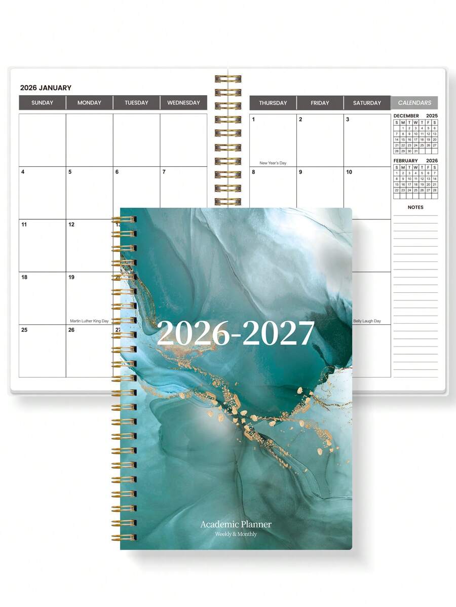 2026-2027 年月度计划表，2 年月度计划表，2026 年 1 月至 2027 年 12 月，5.6 英寸 X 8.0 英寸，螺旋装订的简易月度计划表，非常适合学校和办公室日程安排，绿松石色返校用品