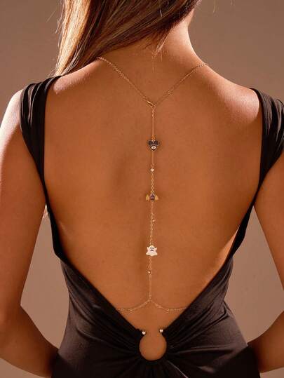 1 件精致小巧金色金属链心形蝙蝠幽灵吊坠露背链，水钻装饰后背装饰链，适合女性万圣节约会派对搭配露背连衣裙