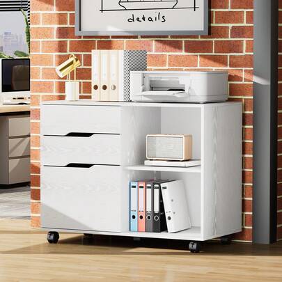 OLIXIS 3 Drawer Mobile Lateral File Cabinet Filing Printer Stand With Storage Office Organizer Chest With Wheels & Adjustable Shelf Fits A4 Or Letter Size For Home Office Room, White Wood