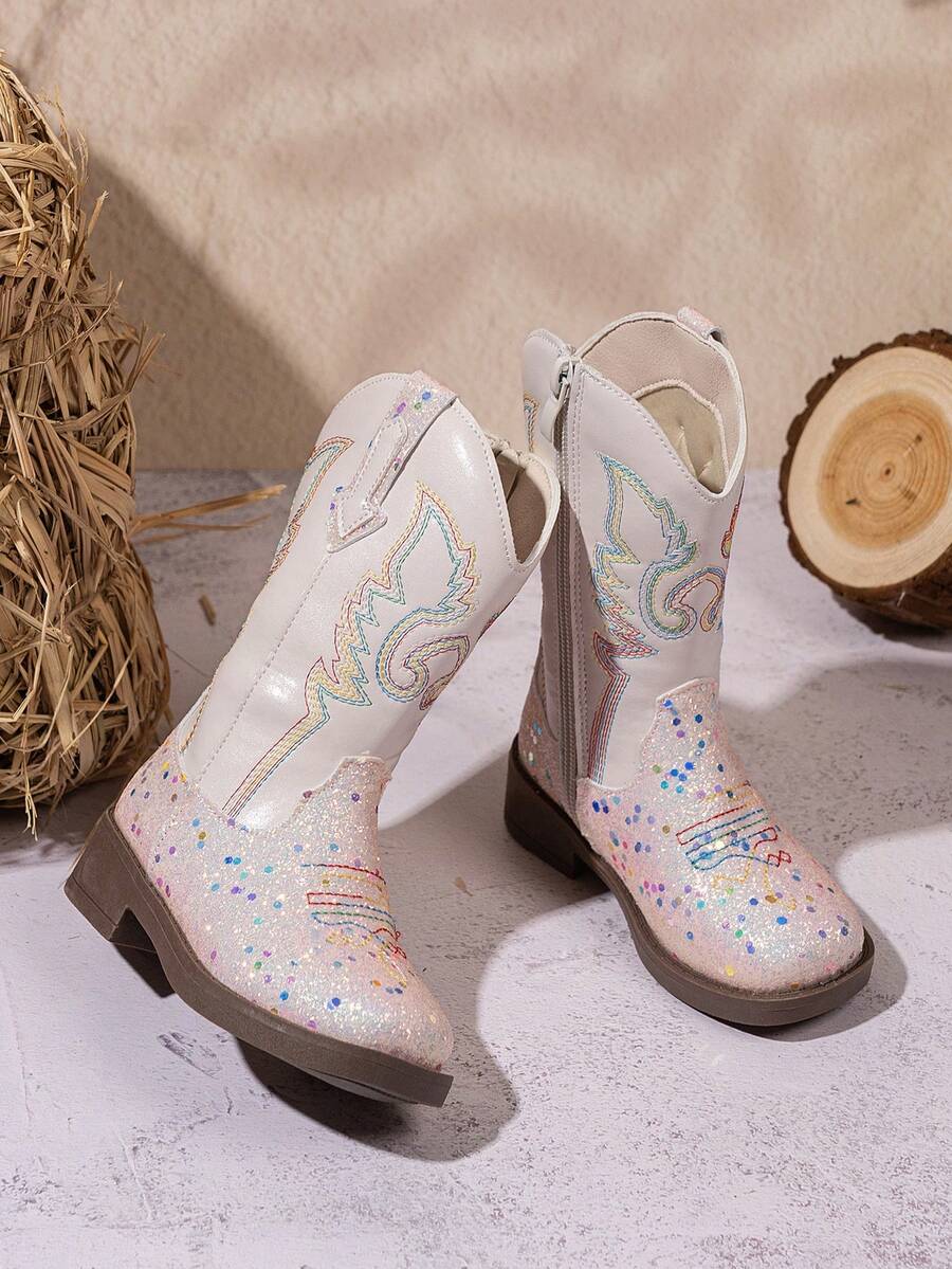 1 par de botas casuales y exteriores de punta cuadrada de PU brillante para niños, color blanco cremoso - Beis - Ver 1