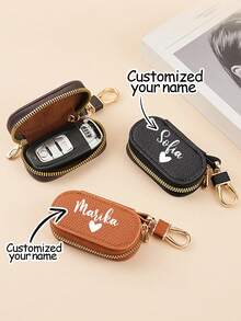 1pc Personalized Name Car Key Holder, Customized Genuine Leather Car Keychain, Leather Keychain, Key Pouch, Leather Key Case, Leather Gift, Gift For Her - Multicolor - View 5