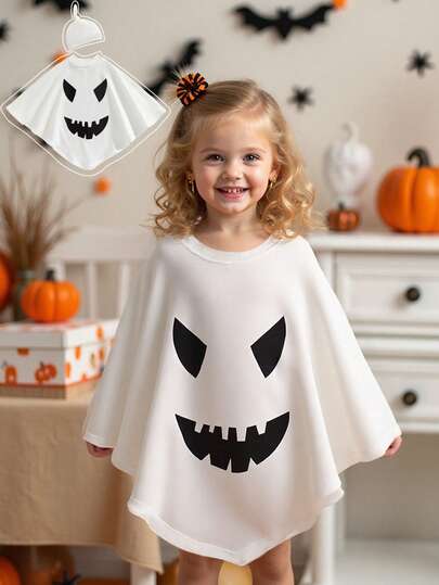 Halloween modischer Umhang, Kapuzenumhang mit weißem süßem Geistergesicht-Muster + weißer Hut, sehr festliche süße Dekoration, geeignet für Feiertagskostüme