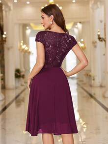 MIUSOL Sequin Lace Ruffle Trim Chiffon Cocktail Party Swing Dress, For Valentine's Day - Maroon - View 3