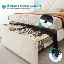 EnHomee LED Bed Frame With 2 Storage Drawers Velvet Upholstered Bed Frame With Charging Station And Adjustable Headboard Metal Platform Bed Frame,Beige - 米色 - 查看 3