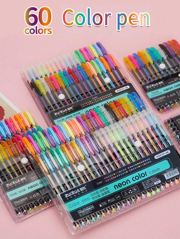 1 Set Of 60/48/36/24/18/12 Glitter Pens, Watercolor Pens, Highlighters, Metallic Pens, Gel Pens, Markers, 1.0mm Colored Gel Tip Markers, Stylish & Cute For Home, Office, School, Scrapbooking, Best Gift For Adult Artists, Coloring Books, Cards & Crafts