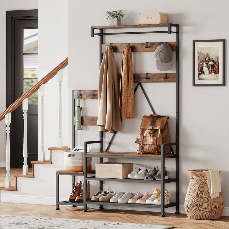 CuteHairy 70.86'' Tall Hall Tree Coat Rack Storage With Shoe Bench For Hallway Entryway Living Room - Brown - View 1