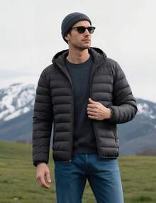KEFITEVD Men's Lightweight Jacket With Hood Water Resistant Windproof Insulated Jacket Quilted Lined Winter Coats - Black - View 5