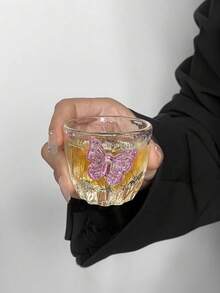 1pc/2pcs Japanese Style Glass Teaware, Wabi-Sabi Kung Fu Tea Cups, Pink Butterfly Small Tea Cups, Glacier Cups, Home & Dining Decor, Elegant Luxury Single Sip Glasses - Transparent - View 4