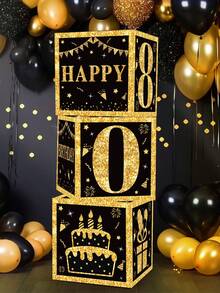3件套黑金生日礼盒套装，适用于18岁、30岁、40岁、50岁、60岁、70岁、75岁、80岁生日派对装饰，40岁、50岁、60岁生日用品，生日快乐派对装饰，周年纪念庆祝，退休派对背景，单身派对装饰，生日摄影道具，生日惊喜礼品包装盒，生日派对用品，生日礼盒，派对小礼物 - 黑金色 - 查看 10