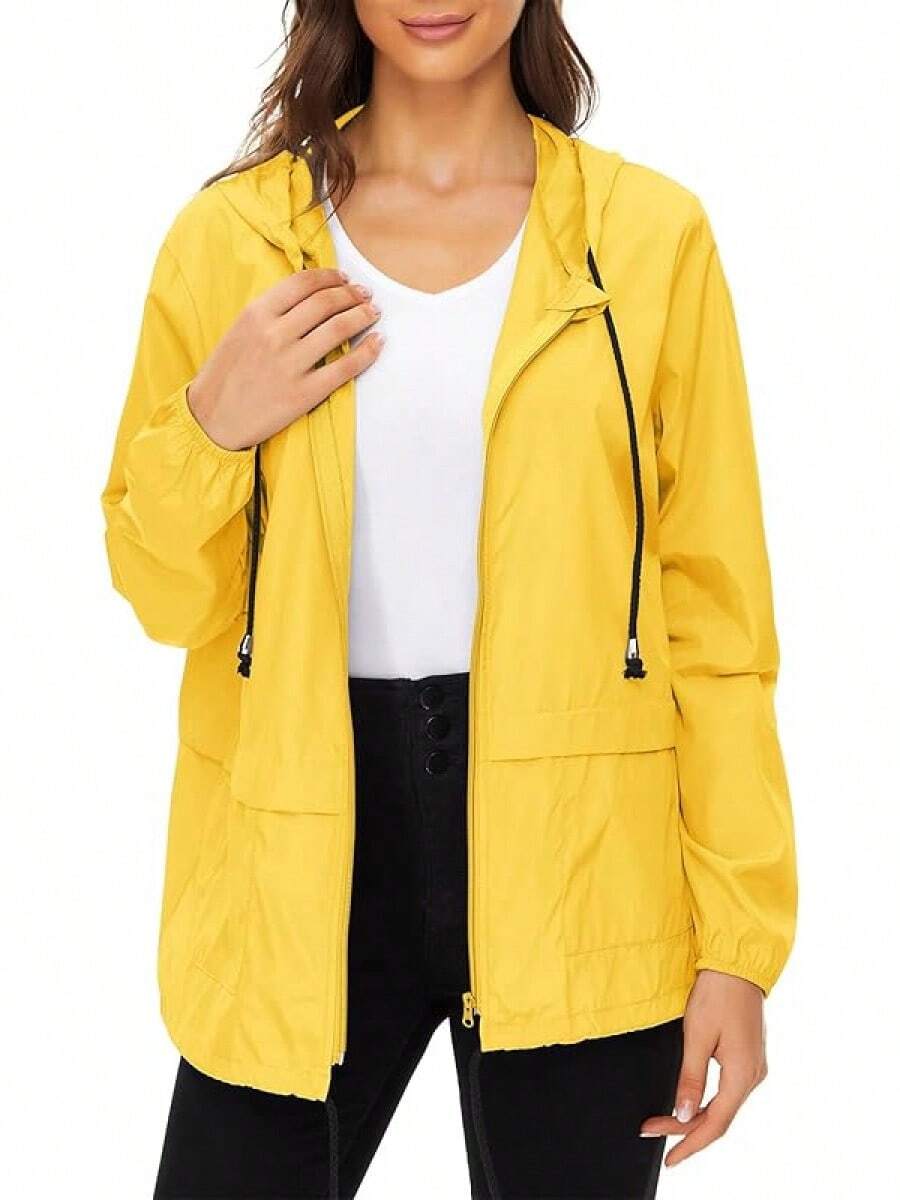 Packable Waterproof Lightweight Women's Rain Jackets With Hood Windbreaker - C 黃色 - 查看 1