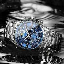 POEDAGAR True Galaxy Luxury Watch For Man Quartz Sports Watch Waterproof Luminous Stainless Steel Real Chronograph Men's Watches Clock Sun Moon Stars Dad Brother Partners Birthday Holidays Exam Back To School Essentials Japan Quartz Movement - Premium Built-In Ultra-Long Battery Life