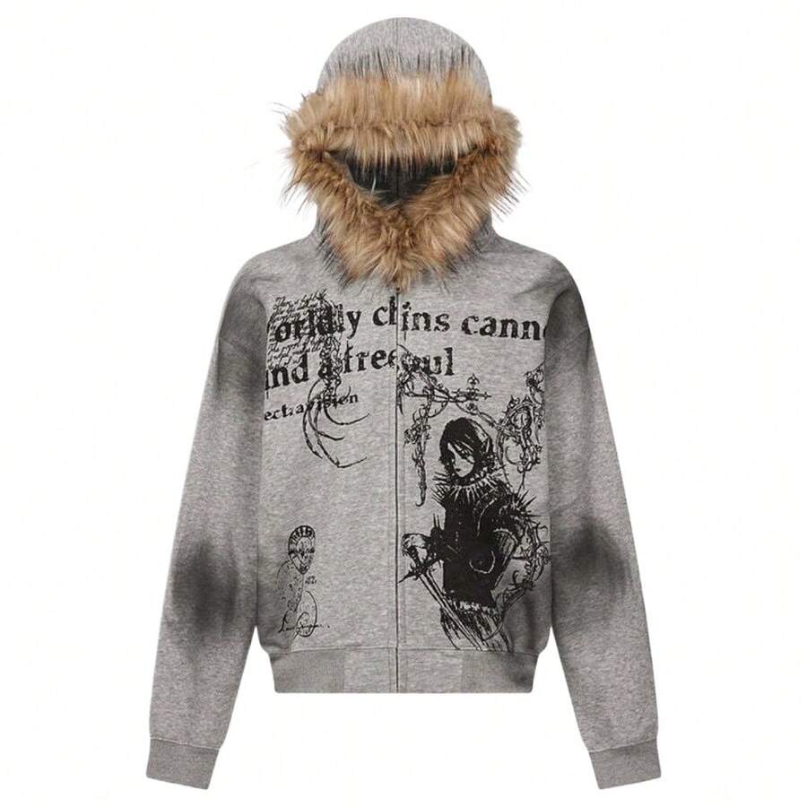 American Retro Loose Fur Collar Hooded Sweater Dark Design Jacket Sweater