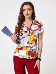 cimmuovere Uniforme de pijama médico con cuello en V, manga corta, estampado lindo de perro, múltiples bolsillos, para enfermeras, dentistas, personal de salud, veterinaria y laboratorio